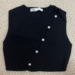 Zara Black Sleeveless Crop Top with Diagonal Jewel Buttons